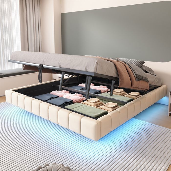 Letto contenitore per adulti 180x200 cm - Illuminazione a LED - Sistema di contenimento idraulico - Rete a doghe inclusa - Testiera non inclusa - Biancheria - Beige