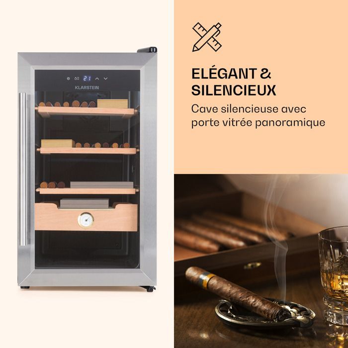 Humidor de cigarros - Klarstein El Presidente 48 - 48 l - 3 estantes - 1 compartimento de madera de cedro - plateado