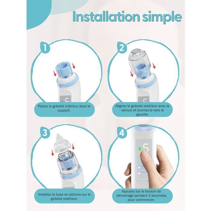 Aspirador nasal eléctrico para bebés, recargable IPX6, con 5 niveles de succión y 3 puntas de silicona.