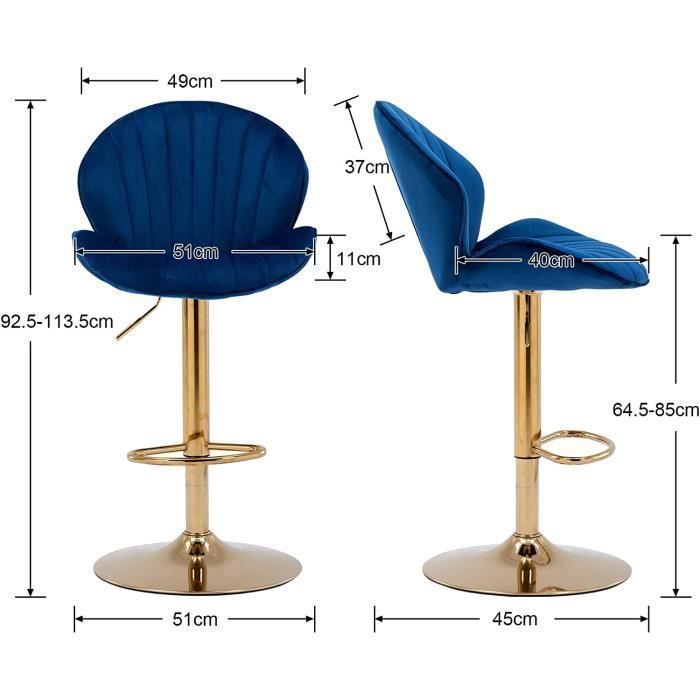 Conjunto de 2 banquetas altas Wahson, ajustáveis, com pés de metal, para cozinha e balcão, em veludo, azul.