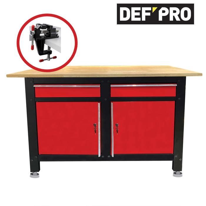 120 cm lange Werkbank aus Stahl und Holz mit Schraubstock – 2 Schubladen, 2 Türen, Arbeitsplatte aus Hevea-Holz – Tragkraft: 150 kg