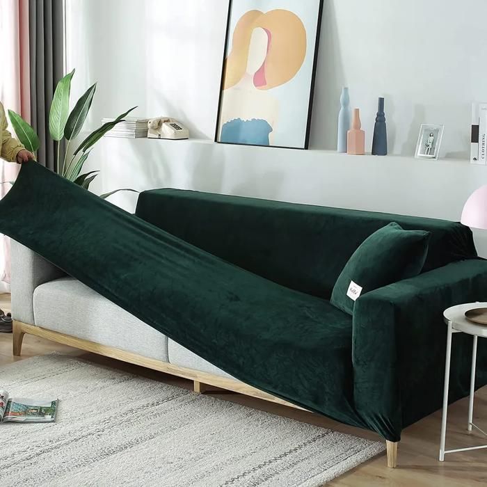 Funda para sofá - YYV - Elástica - Terciopelo grueso - Antideslizante - 4 plazas (verde, 235-300 cm)
