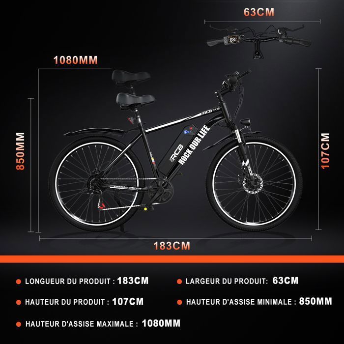 RCB Vélo Électrique 26 Pouces E-Bike Urbain Adulte,Moteur 350W,Batterie 36V/10.4Ah,7 Vitesses,Contrôle APP, Noir