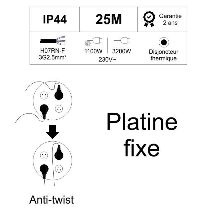 PRO construction site cable reel 3G2.5 25m IP44 fixed plate (anti-twist) - H07RN-F cable - 4 x 16A sockets - 2-year warranty