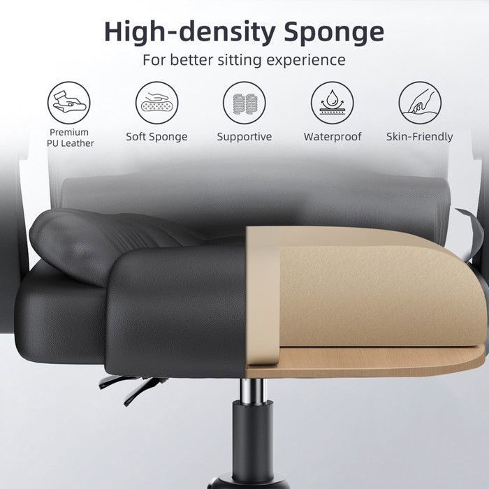 BIGZZIA Office Chair, Armchair with Wide Padded Seat, Ergonomic Leather Seat, 10 cm Adjustable Height, Black