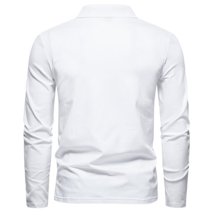 Camiseta informal de manga larga con cuello en V para hombre, tejido de algodón cómodo, color liso - Blanco
