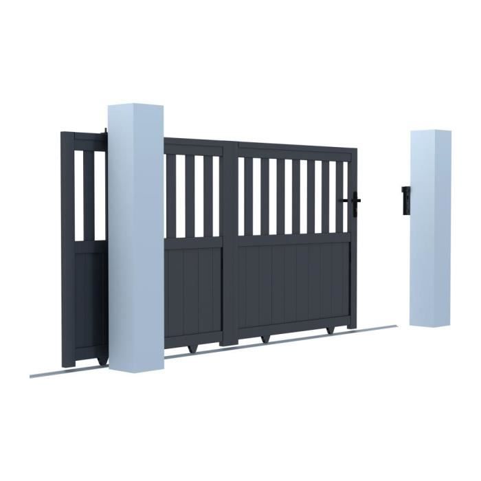 Portail coulissant aluminium semi ajouré L314 x H140 cm anthracite en kit TARNOS II