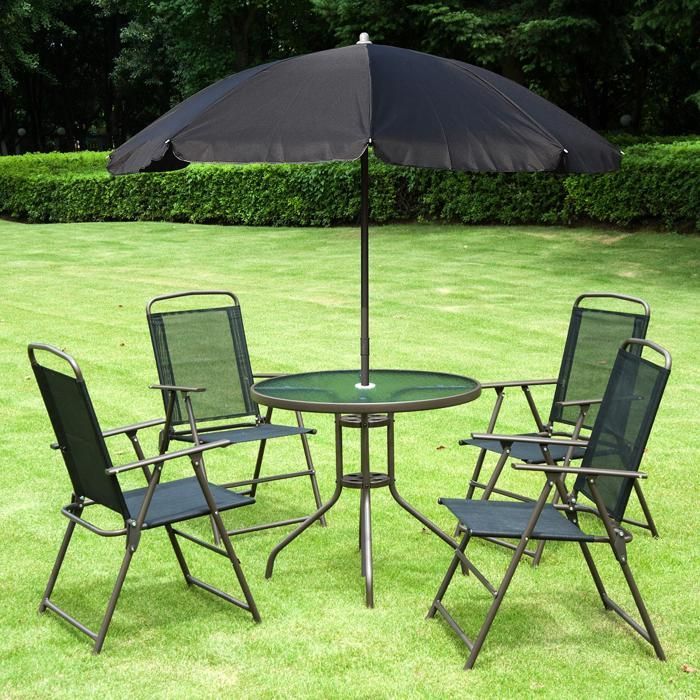 Ensemble salon de jardin - Outsunny - 6 pcs table ronde 4 chaises pliables parasol - acier - noir