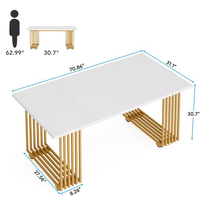 Table à Manger Moderne,Little Tree,180 cm Table de Cuisine en Bois avec Pieds en Métal Doré Pour 6 à 8 Personnes,Blanc et Or