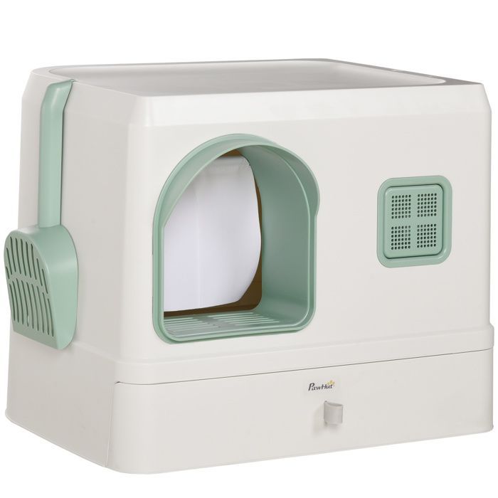 Bac à litière pour chat - PawHut - maison de toilette avec pelle et 2 désodorisants inclus - dim. 40 x 50 x 40 cm - blanc