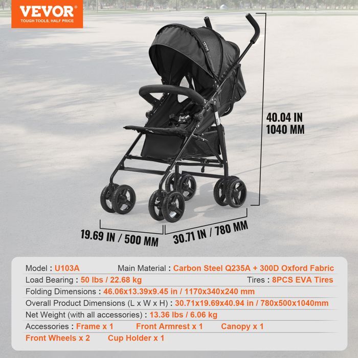 Cochecito ligero para bebé - VEVOR - Cochecito compacto para niños pequeños con respaldo reclinable multiposición - Negro