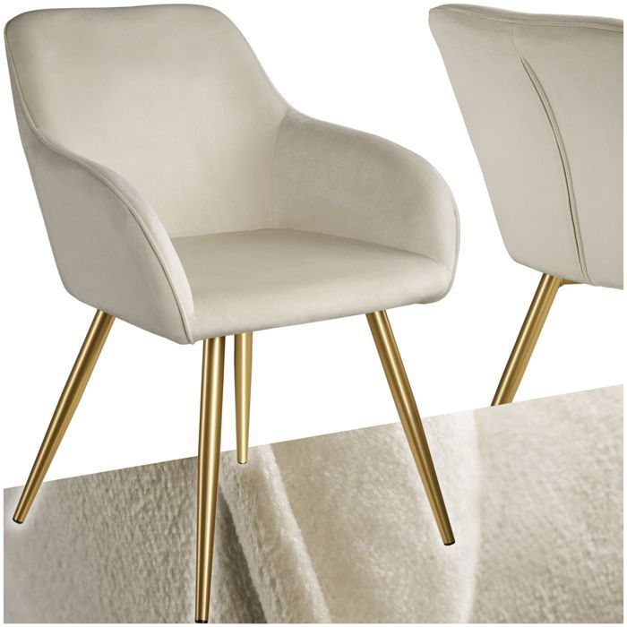 Silla - TECTAKE - Silla de comedor MARYLIN en terciopelo con patas de acero dorado - Crema/Dorado