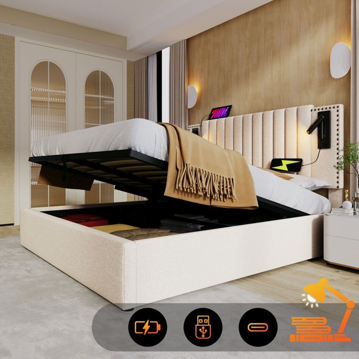 Lit double rembourré - PDZZZD - 180x200 cm - Coffre de lit - Chargement USB - Beige
