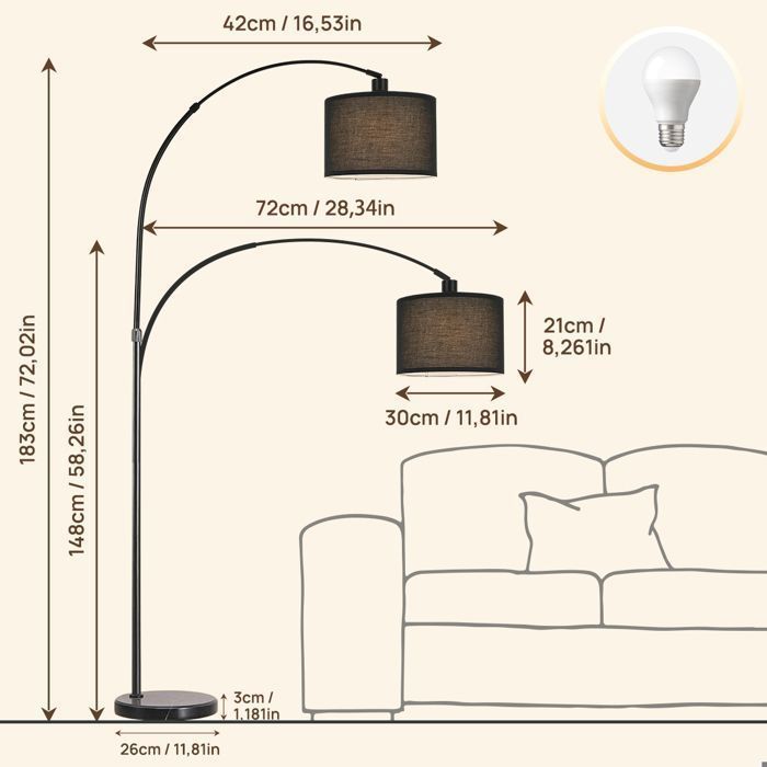 Lampada da terra ad arco - 7MAGIC - FL2009 - 3 temperature di colore - Nero - Design contemporaneo