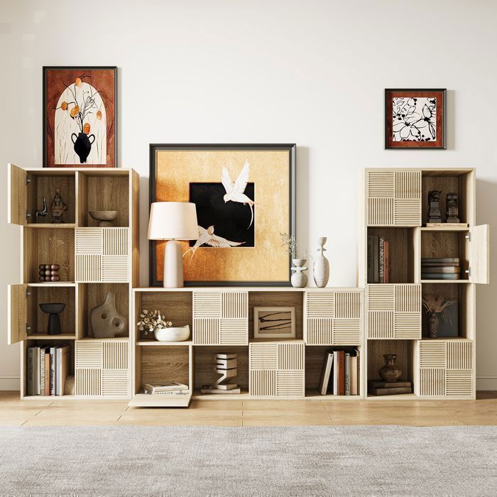 Librería modular de 8 cubos con 4 puertas, estante de 4 niveles, mueble de almacenamiento para salón, dormitorio u oficina, 125x30x60 cm, madera clara.
