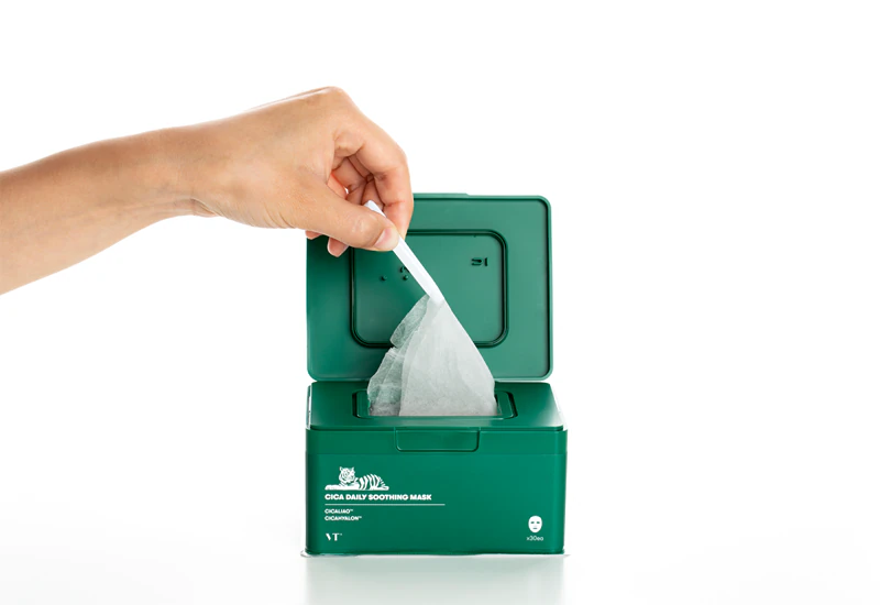 Máscara facial calmante diária Cica da VT Cosmetics: máscara facial intensamente hidratante com efeito calmante.