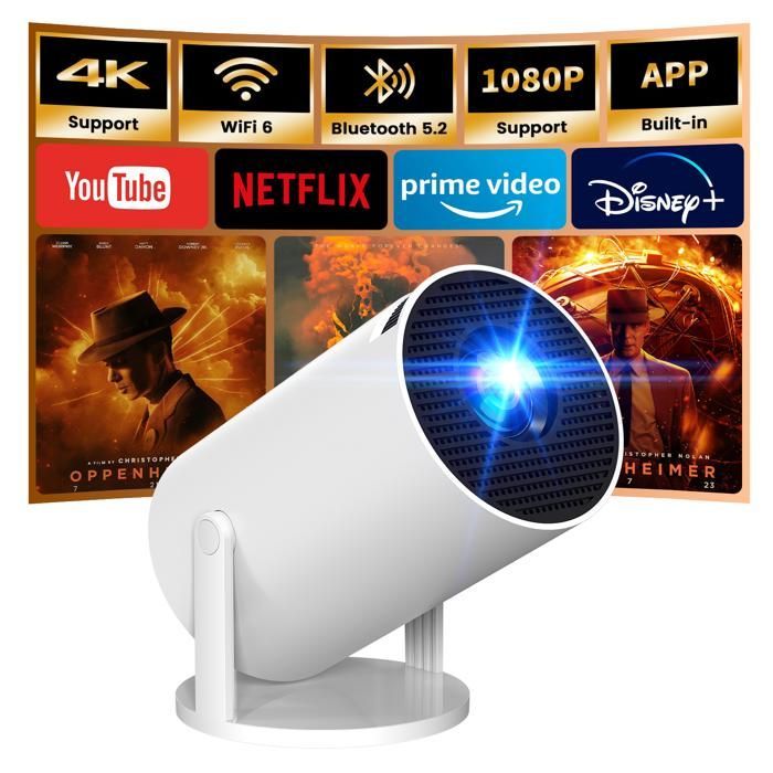 [App intégrée] Vidéoprojecteur 4K 1080P, Mini Projecteur Portable Full HD 1080P 5G WiFi 6 BT 5.4 - Blanc