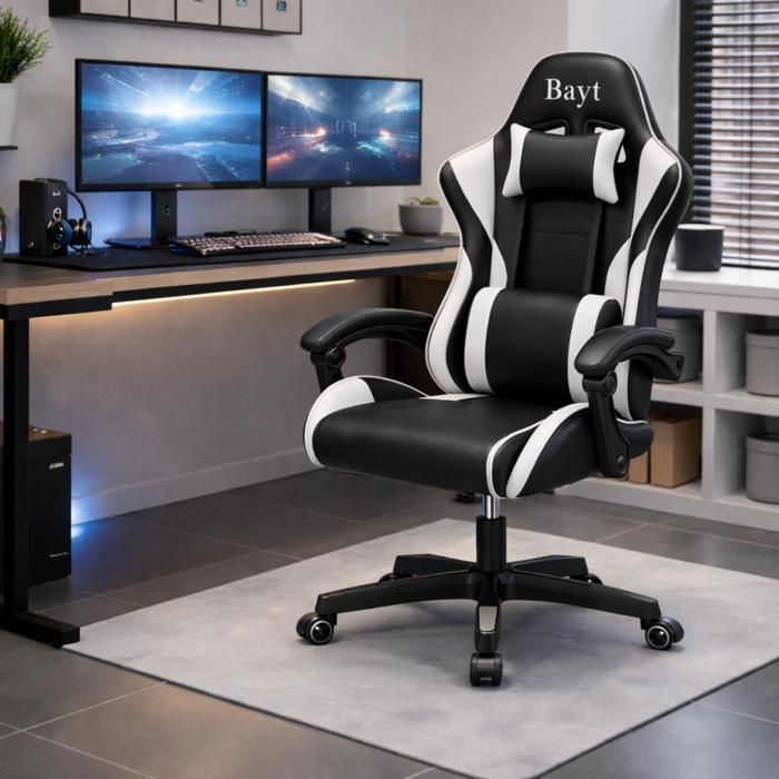 Bayt Chaise Gaming Ergonomique - Accoudoirs Réglables - Hauteur Ajustable - Dossier Inclinable - Noir & Blanc