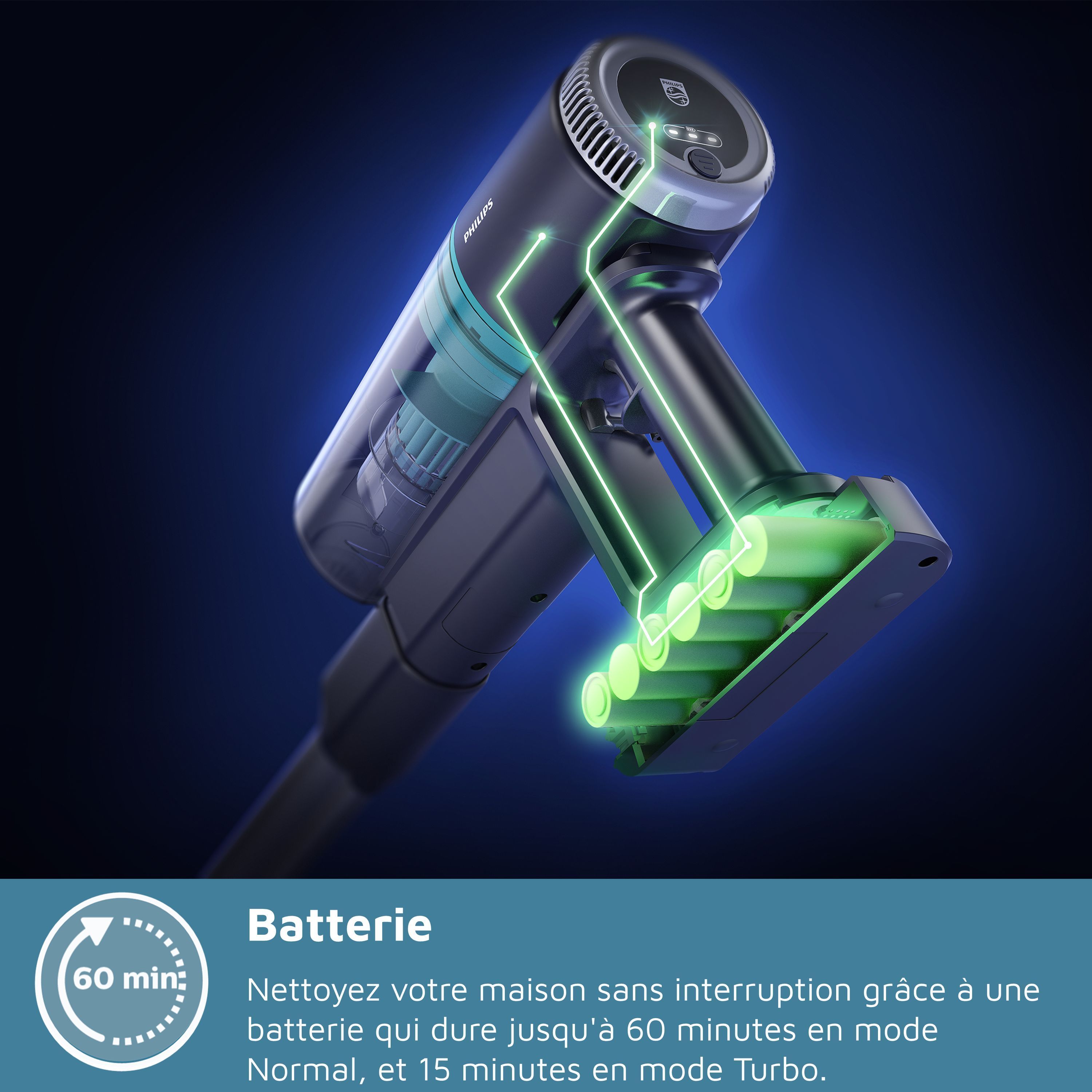 Aspirateur balai sans fil - PHILIPS - XC3033/01 - Série 3000 - batterie lithium-ion 25.2V - balai à LED - Vert Cargo