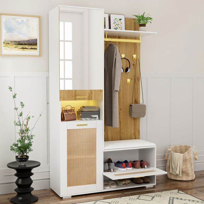 Móvel para hall de entrada com iluminação LED - TKOPY - Cabideiro para hall de entrada com espelho e espaço para armazenamento - Conjunto de cabideiro 110x38x190cm - Branco