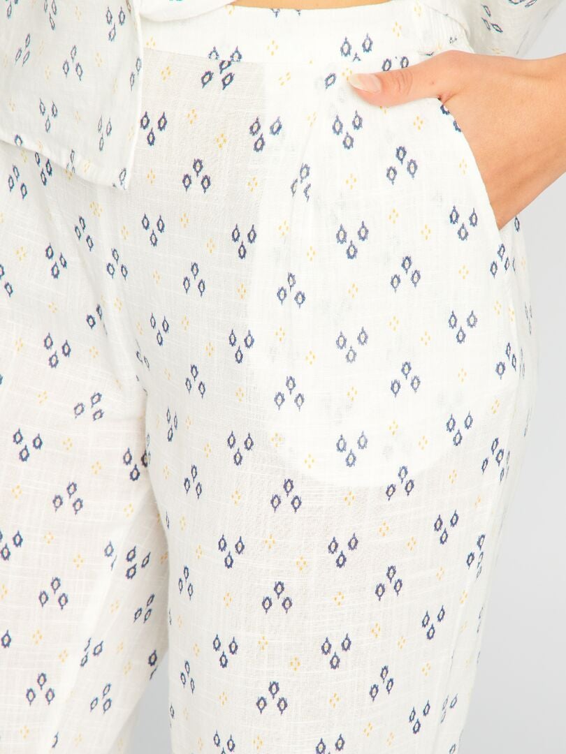 Pijama comprido de gaze de algodão estampada - BEGE