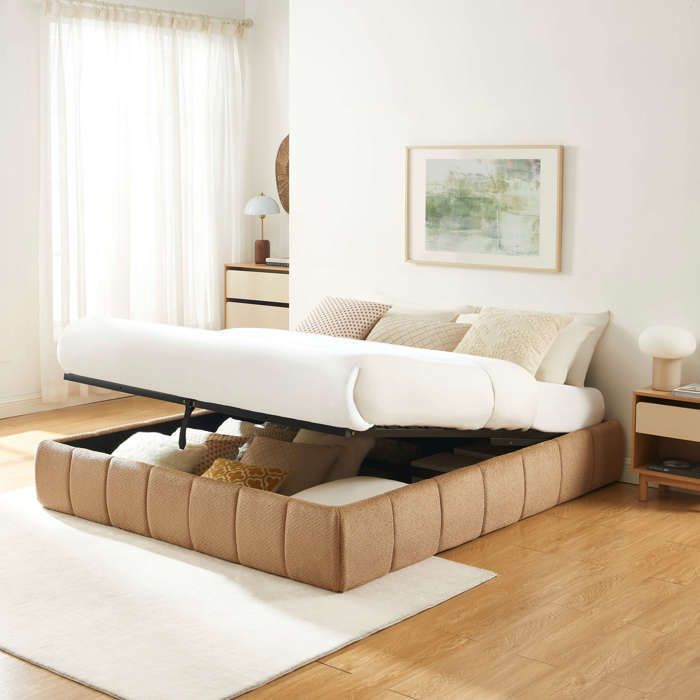 Lit coffre LAVINIA tissu chenille caramel 160x200 sommier inclus - Marron