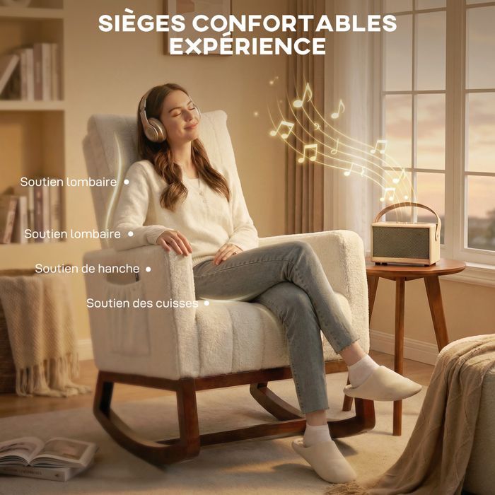 Fauteuil à bascule - HOMCOM - coussin lombaire, dossier haut, poches latérales - flanelle neige - 67 x 97 x 110 cm - crème