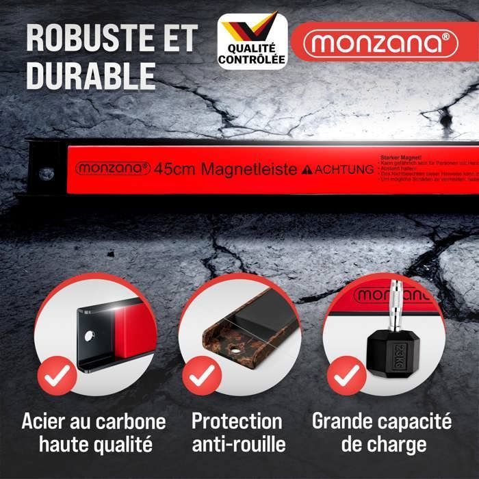Barra magnética para herramientas MONZANA® de 6 unidades, 45 cm, potente, para almacenamiento de herramientas, montaje en pared. Carga máxima: 23 kg.