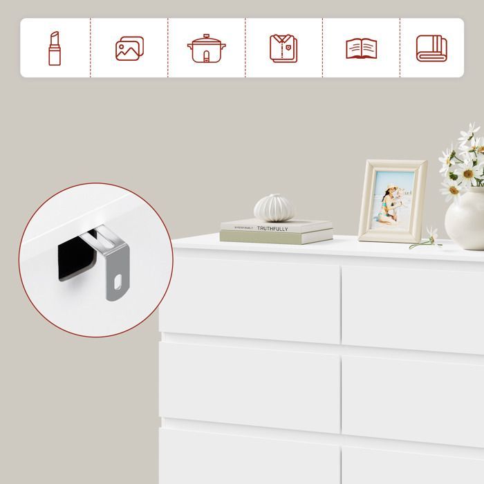 Commode 6 Tiroirs - 100x36x69cm - WOLTU Meuble de Rangement Moderne Blanc - Assemblage Facile