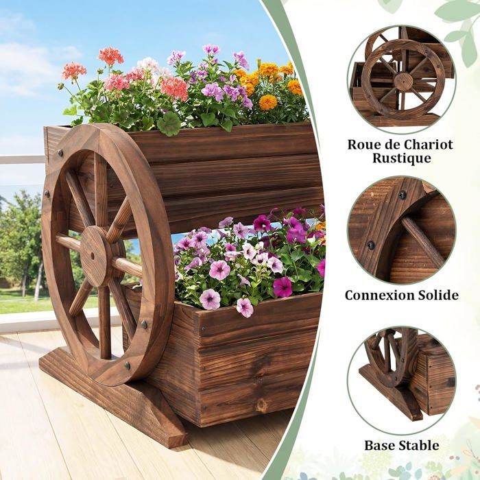 Macetero elevado de 2 niveles COSTWAY, con orificios de drenaje y ruedas, maceta de madera con forma de carrito para uso interior y exterior.