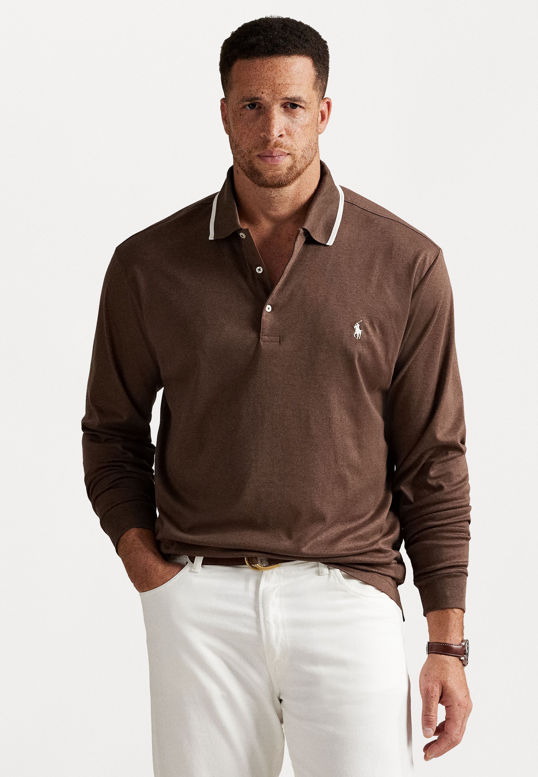 Polo Ralph Lauren Grandes Tailles - Polo en coton doux à manches longues - Gris muscade chiné