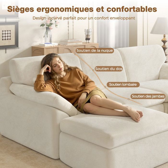 5-teiliges Ecksofa zum Ausklappen, beigefarbener Fleece-Samtbezug, Sofa mit 5 Kissen und 2 Fußstützen, 240 x 140 x 65 cm