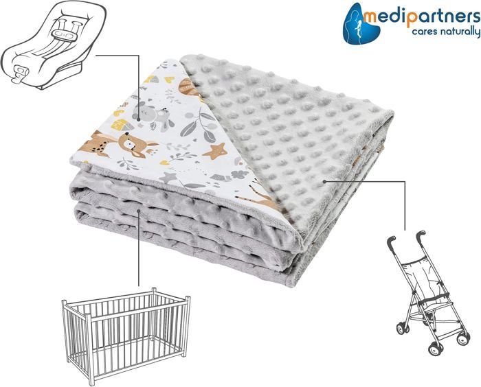 Medi Partners Couverture Bébés 100% Coton 75x100cm à Double Face pour Poussette (Cerf et Minky Gris)