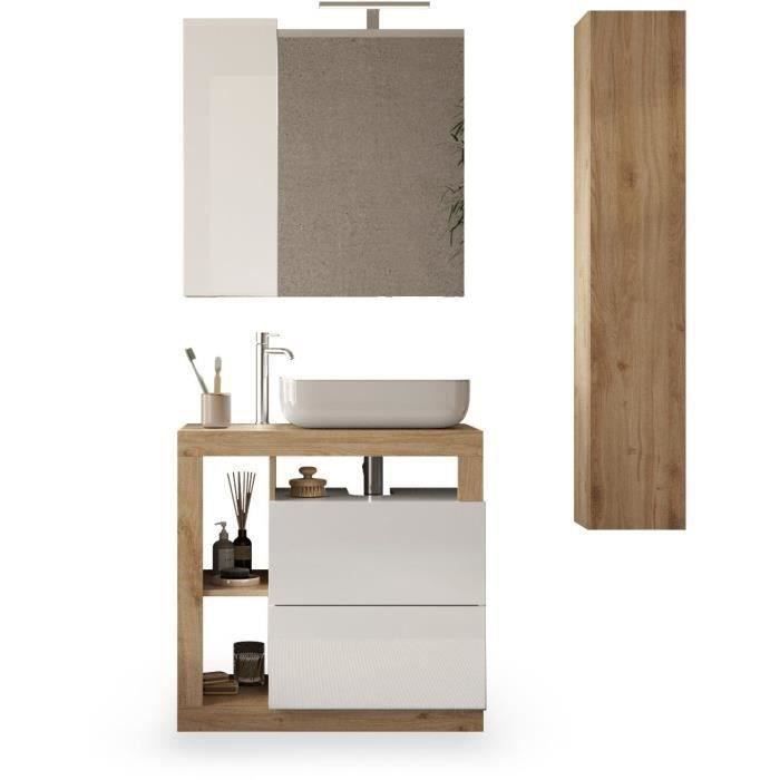Ensemble meuble Salle de bain 78cm simple vasque + colonne - Coloris chêne clair et laqué blanc - HAMBOURG