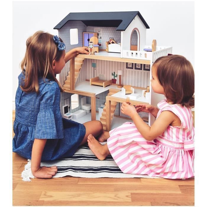 Casa delle bambole MAMABRUM 70x30x60 cm, 3 livelli, terrazza - 19 stanze mobili e 4 personaggi - Giocattolo per giochi di ruolo - Norma CE