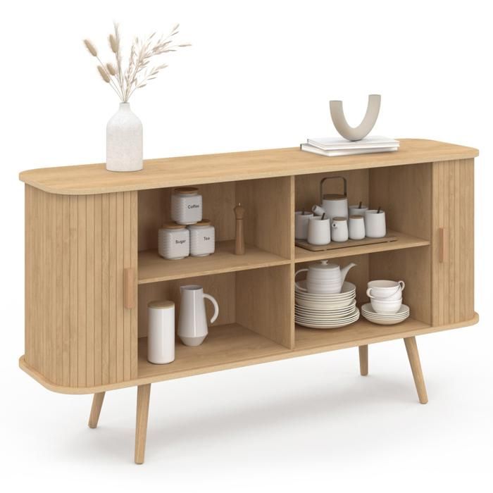 Aparador IDMARKET ROMIE de 140 cm con 2 puertas correderas, listones de madera y acabado en roble.
