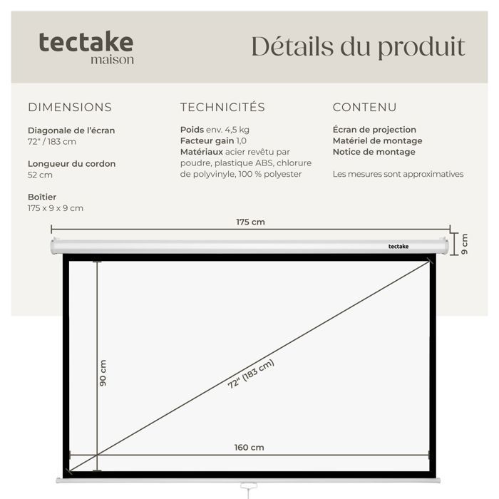 TECTAKE - Pantalla de proyección Cinema 72