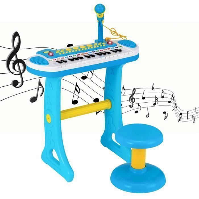 Piano electrónico para niños de 3 años, 31 teclas con taburete, COSTWAY - Micrófono, efectos de luz, 7 ritmos - Parada automática - Azul