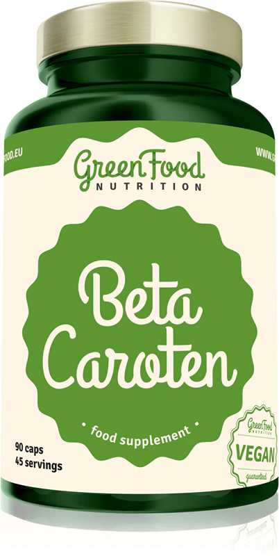 Cápsulas de suplemento alimentar de betacaroteno da GreenFood Nutrition para um bronzeado bonito e pele saudável.