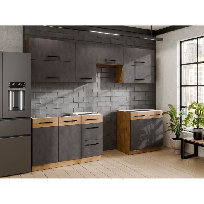 ROCK 7-delige complete keuken - Lancelot eikenhout en Matera grijs afwerking - B260 x D52 x H82 cm - Werkblad niet inbegrepen