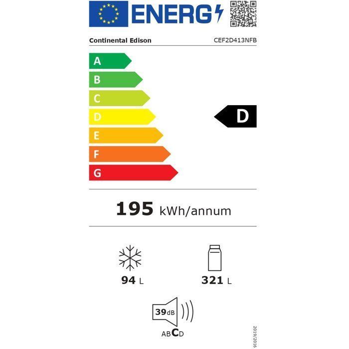 Frigorifero con congelatore superiore - CONTINENTAL EDISON - CEF2D413NFB - Total No Frost - Classe energetica D - 413L - 70 x 68 x 178 cm - Nero