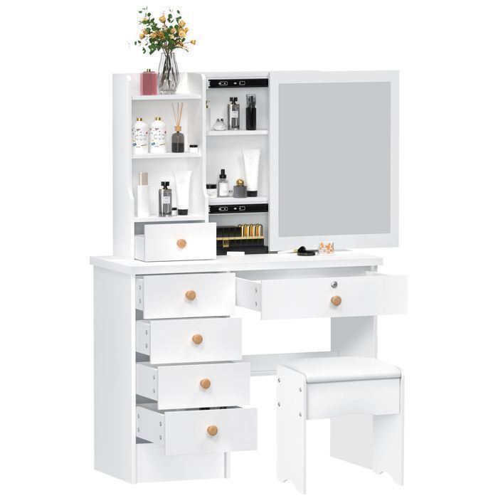 Coiffeuse avec Miroir et Tabouret - 6 Tiroirs 6 Étagères - Miroir coulissant - Tabouret coussiné - 80x37x122cm