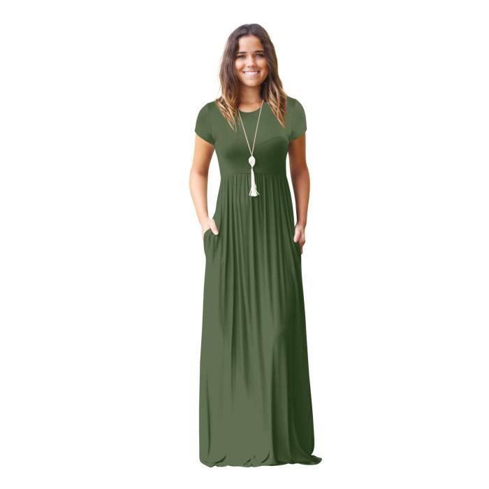 Robe Longue Femme Ete Col Rond Robe Couleur Unie Avec Poches - Vert