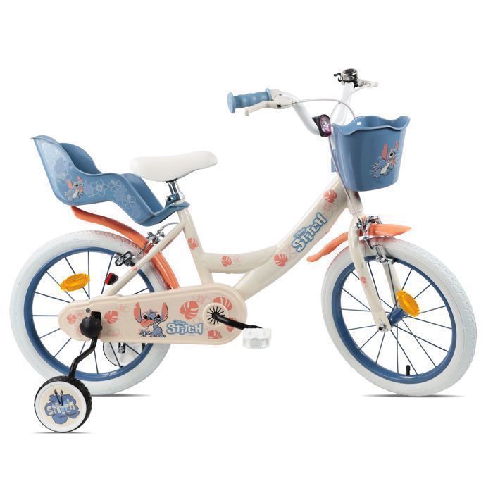 Vélo enfant 16'' STITCH / DISNEY  pour enfant de100 cm à 125 cm avec 2 freins, panier, porte poupée et Casque inclus