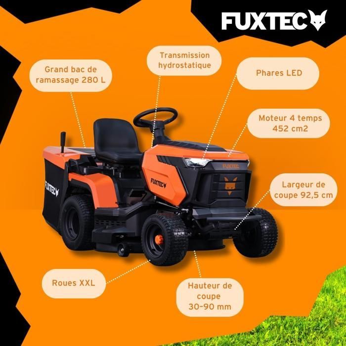 FUXTEC FX-RMT92A Ride-on Lawnmower – Lawn Tractor – 452 cc – 9.2 kW – 92.5 cm – Hydrostatic – 280 L Grass Collector – 6000 m²