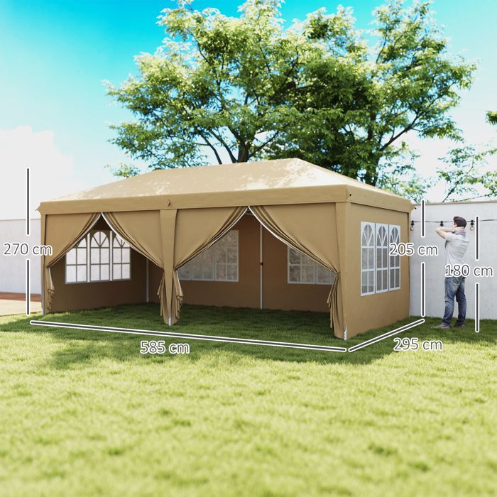 Opvouwbaar partytent - Outsunny - 4 afneembare zijpanelen en 4 ramen - inclusief draagtas - 6 x 3 x 2,7 m - kaki