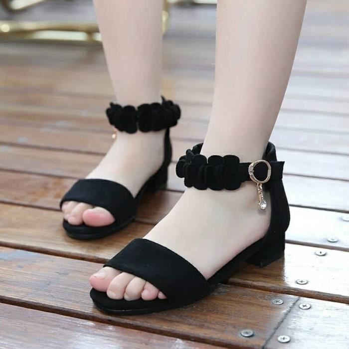Sandales d'été pour Enfants - FUNMOON - Chaussures plates pour filles - Cuir - Boucle de serrage - Noir
