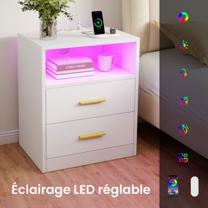 Lot de 2 Tables d’Appoint Modernes avec Tiroirs, Lumières LED, Multiprises et Ports USB, pour Chambre, Blanc