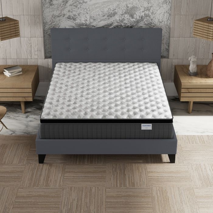 Colchón y cama (140x200cm) - Elekctra 30cm con muelles ensacados y espuma viscoelástica + base de láminas y cabecero tapizados en gris.