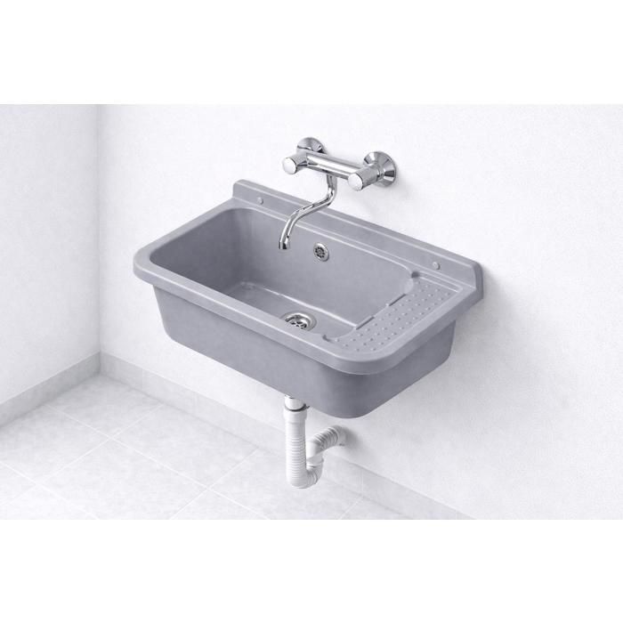 Grijze PP-wandspoelbak van 60 cm – kom van 45x25x21 cm – RVS afvoerfitting + overloop – sifon + bevestigingsmateriaal inbegrepen